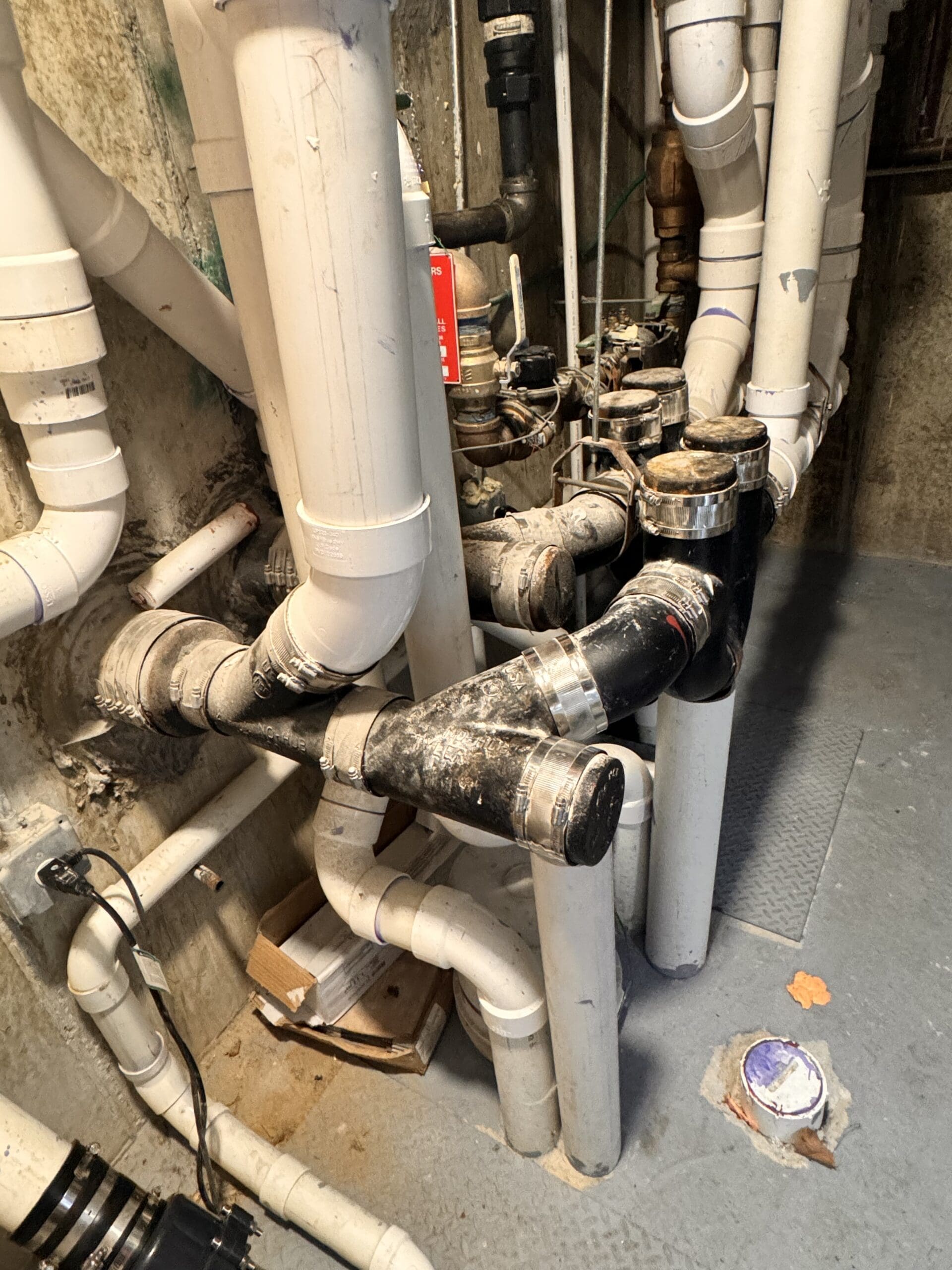 Pipes are various sizes, with some using metal connectors and clamps